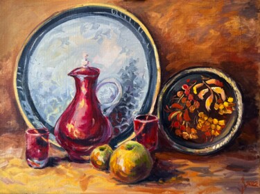 Painting titled "Still Life with Red…" by Olga Ukraintseva, Original Artwork, Oil Mounted on Wood Stretcher frame