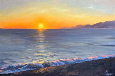 Malarstwo zatytułowany „Sunset at Seaside S…” autorstwa Olga Ukraintseva, Oryginalna praca, Olej Zamontowany na Drewniana ra…