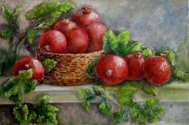 Painting titled ""Basket with Pomegr…" by Olga Vedyagina, Original Artwork, Oil