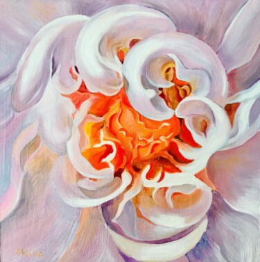 Painting titled "White Pink Peony" by Olga Volna, Original Artwork, Oil
