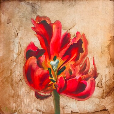 Painting titled "Scarlet Gold Tulip" by Olga Volna, Original Artwork, Oil