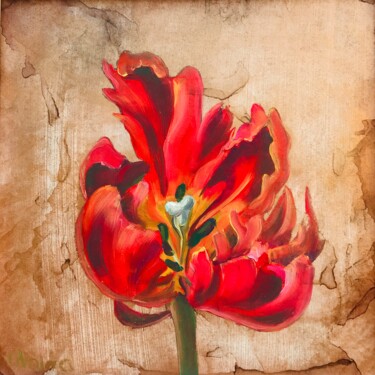 Картина под названием "Scarlet Gold Tulip" - Olga Volna, Подлинное произведение искусства, Масло