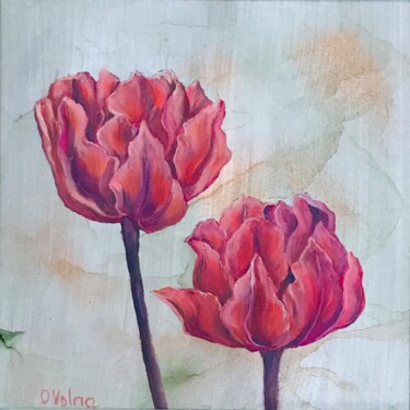 Painting titled "Two Pink Tulips" by Olga Volna, Original Artwork, Oil