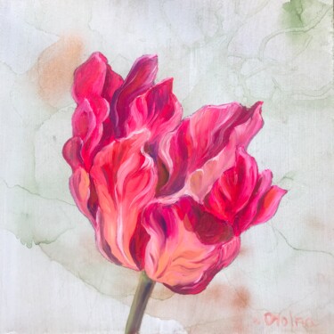 Картина под названием "Pink Tulip on Green" - Olga Volna, Подлинное произведение искусства, Масло