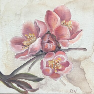 Painting titled "Cherry Flowers" by Olga Volna, Original Artwork, Oil Mounted on Wood Stretcher frame