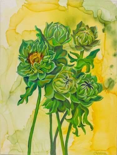 Painting titled "Green Sunflowers" by Olga Volna, Original Artwork, Oil