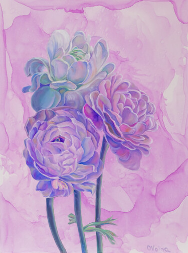 Painting titled "Lilac raninculuses" by Olga Volna, Original Artwork, Oil