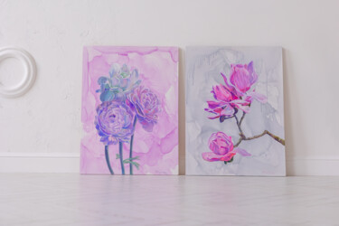 Painting titled "Diptych Magnolias a…" by Olga Volna, Original Artwork, Oil