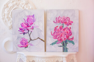 Painting titled "Diptych magnolias a…" by Olga Volna, Original Artwork, Oil