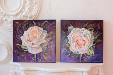 Painting titled "Diptych Roses on Bl…" by Olga Volna, Original Artwork, Oil