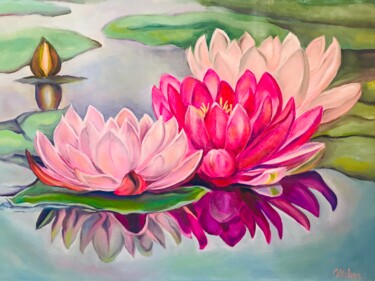 Ζωγραφική με τίτλο "Lotuses in the pond" από Olga Volna, Αυθεντικά έργα τέχνης, Λάδι