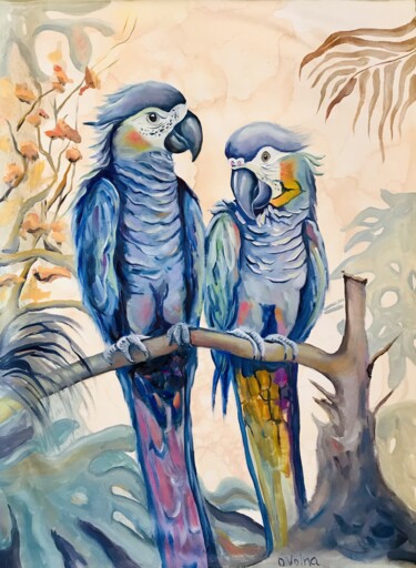 Painting titled "blue parrots in love" by Olga Volna, Original Artwork, Oil