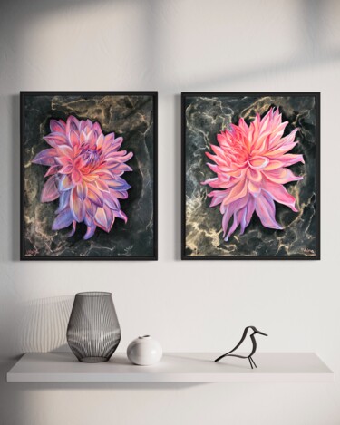 Painting titled "Shining Dahlias" by Olga Volna, Original Artwork, Oil Mounted on Wood Stretcher frame