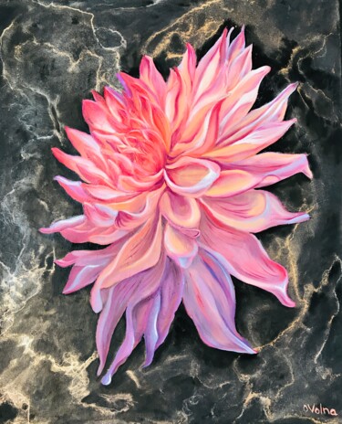 Painting titled "Shining Dahlia" by Olga Volna, Original Artwork, Oil Mounted on Wood Stretcher frame