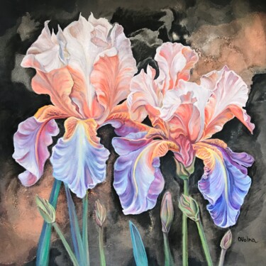 Painting titled "Flaming Irises" by Olga Volna, Original Artwork, Oil Mounted on Wood Stretcher frame