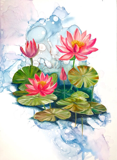 Painting titled "Lotus Bloom in Drea…" by Olga Volna, Original Artwork, Oil
