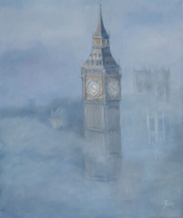 Painting titled "Cities in the fog.…" by Olga Yashchenko, Original Artwork, Oil Mounted on Wood Stretcher frame