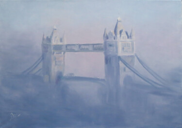 Painting titled "Cities in the fog.…" by Olga Yashchenko, Original Artwork, Oil Mounted on Wood Stretcher frame