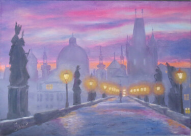 Painting titled "Sunset over Prague.…" by Olga Yashchenko, Original Artwork, Oil Mounted on Wood Stretcher frame