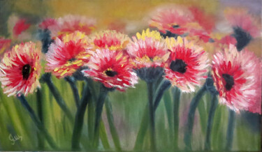 Schilderij getiteld "red gerberas" door Olga Yashchenko, Origineel Kunstwerk, Olie Gemonteerd op Frame voor houten brancard