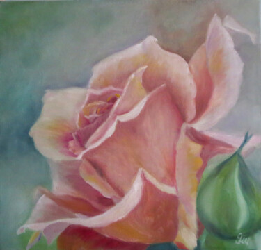 Painting titled "rose close-up" by Olga Yashchenko, Original Artwork, Oil Mounted on Wood Stretcher frame