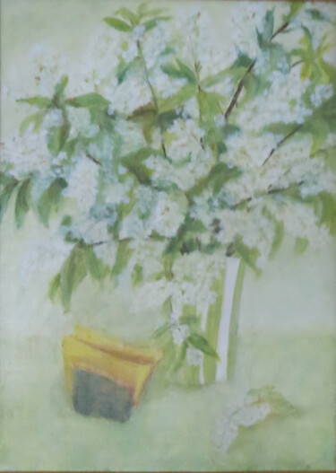 Painting titled "Bird cherry." by Olga Yashchenko, Original Artwork, Oil Mounted on Wood Stretcher frame