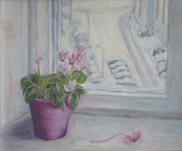 Malerei mit dem Titel "Flower on the windo…" von Olga Yashchenko, Original-Kunstwerk, Öl Auf Karton montiert