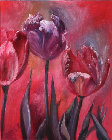 Painting titled "Tulips." by Olga Yashchenko, Original Artwork, Oil Mounted on Cardboard