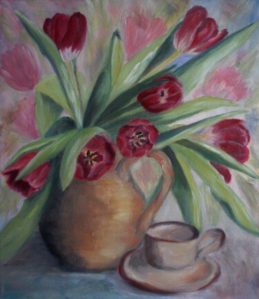 Painting titled "Tulips, morning cof…" by Olga Yashchenko, Original Artwork, Oil