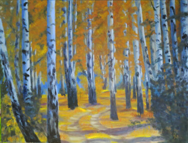Peinture intitulée "Birch grove in autu…" par Olga Yashchenko, Œuvre d'art originale, Huile