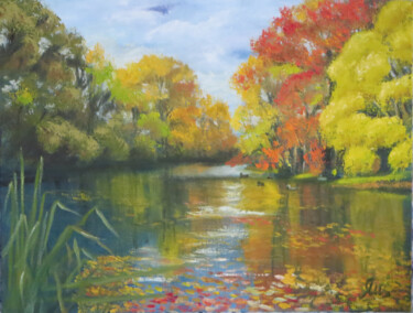 Peinture intitulée "Autumn river." par Olga Yashchenko, Œuvre d'art originale, Huile Monté sur Carton