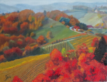 Peinture intitulée "The autumn hills." par Olga Yashchenko, Œuvre d'art originale, Huile Monté sur Carton