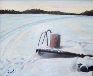 Painting titled "winter lake" by Olga Yashchenko, Original Artwork, Oil Mounted on Cardboard