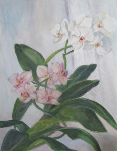 Painting titled "Orchids" by Olga Yashchenko, Original Artwork, Oil Mounted on Cardboard