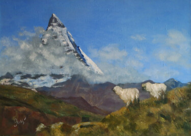 Painting titled "View of the Matterh…" by Olga Yashchenko, Original Artwork, Oil Mounted on Wood Stretcher frame