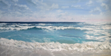 Painting titled "Dawn on the sea. Ro…" by Olga Yashchenko, Original Artwork, Oil Mounted on Wood Stretcher frame