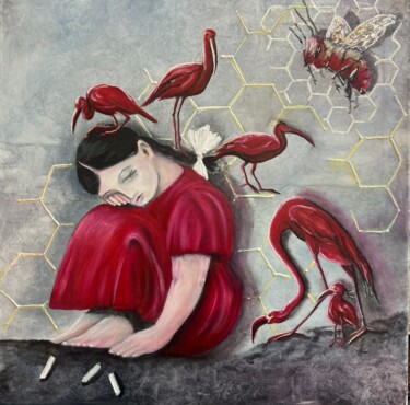 Картина под названием "«Грёзы в красном»" - Ольга Буневич, Подлинное произведение искусства, Масло