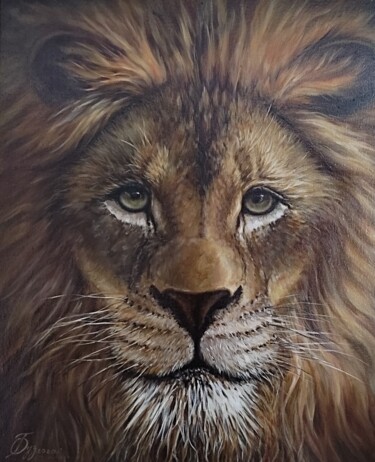 Painting titled "Lion (лев)" by Olga Buzmakova, Original Artwork, Oil Mounted on Wood Stretcher frame