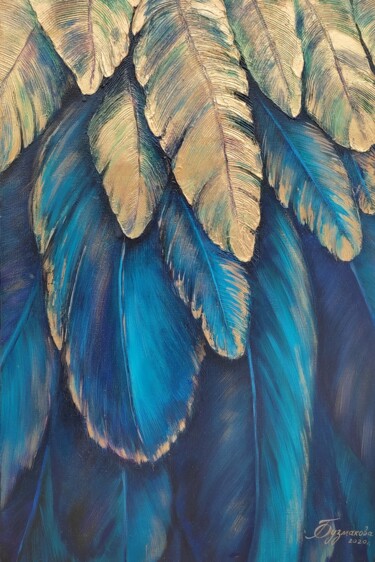 Картина под названием "Золотые перья" - Ольга Бузмакова, Подлинное произведение искусства, Акрил Установлен на Деревянная ра…