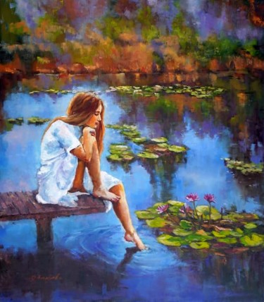 Painting titled "Quiet Backwater" by Olga Egorov, Original Artwork, Oil Mounted on Wood Stretcher frame