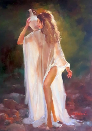 Painting titled "Girl with a Jug" by Olga Egorov, Original Artwork, Oil