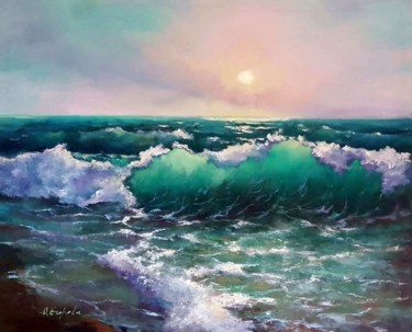 Painting titled "Emerald Wave" by Olga Egorov, Original Artwork, Oil Mounted on Wood Stretcher frame