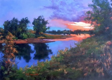 Painting titled "Sunset" by Olga Egorov, Original Artwork, Oil Mounted on Wood Stretcher frame