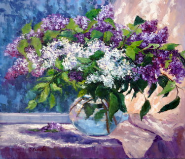 Painting titled "The Lilac 11" by Olga Egorov, Original Artwork, Oil Mounted on Wood Stretcher frame