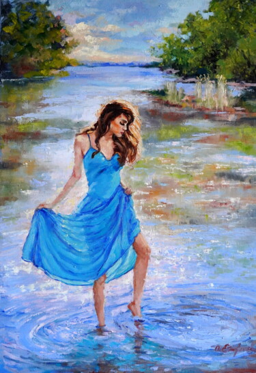 Painting titled "On the River" by Olga Egorov, Original Artwork, Oil Mounted on Wood Stretcher frame