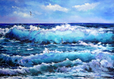Painting titled "The Waves" by Olga Egorov, Original Artwork, Oil Mounted on Wood Stretcher frame