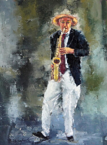 Painting titled "Musician" by Olga Egorov, Original Artwork, Oil Mounted on Wood Stretcher frame