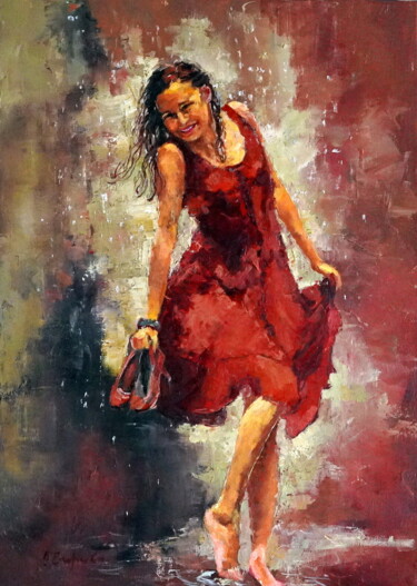 Painting titled "Rain Dance" by Olga Egorov, Original Artwork, Oil Mounted on Wood Stretcher frame