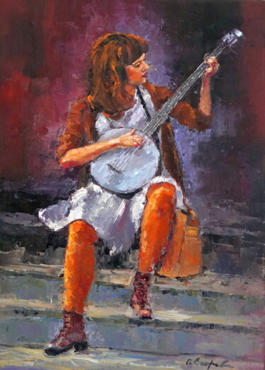 Malerei mit dem Titel "Girl Banjo" von Olga Egorov, Original-Kunstwerk, Öl Auf Keilrahmen aus Holz montiert