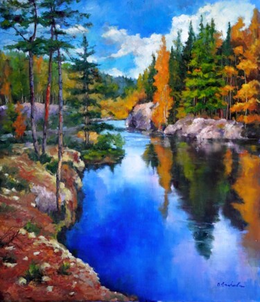 Painting titled "Taiga River" by Olga Egorov, Original Artwork, Oil Mounted on Wood Stretcher frame